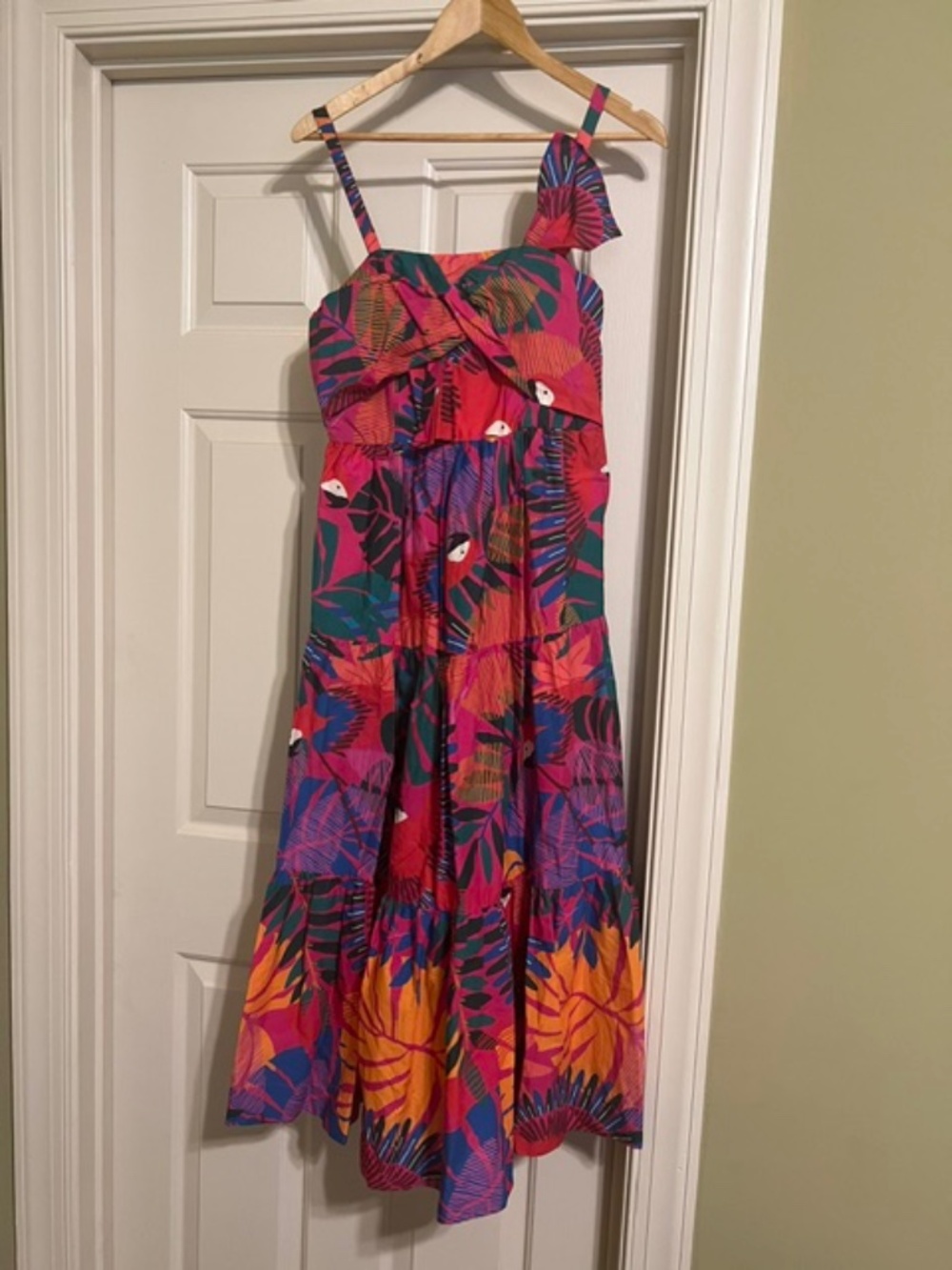 Farm Rio Tiered Pink Midi Sundress with Macaws and Palm Leaves Size Small